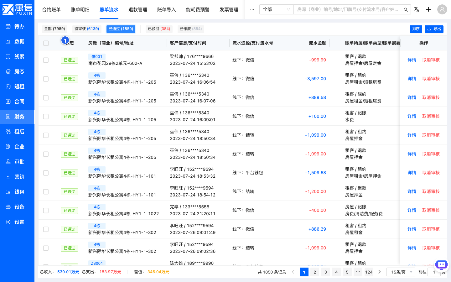 系统界面截图:审核通过后的流水记录