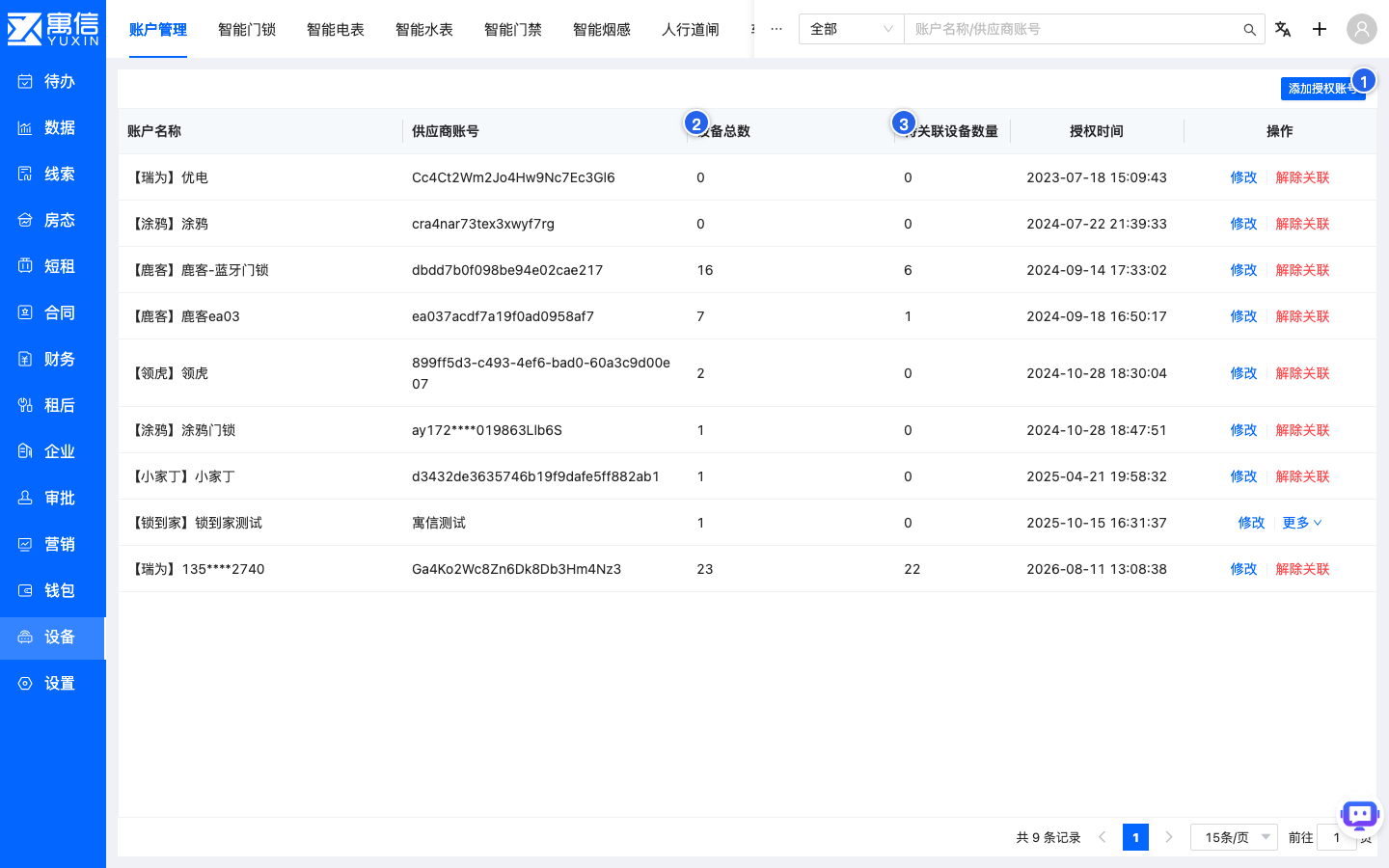 系统界面截图:设备授权账号列表