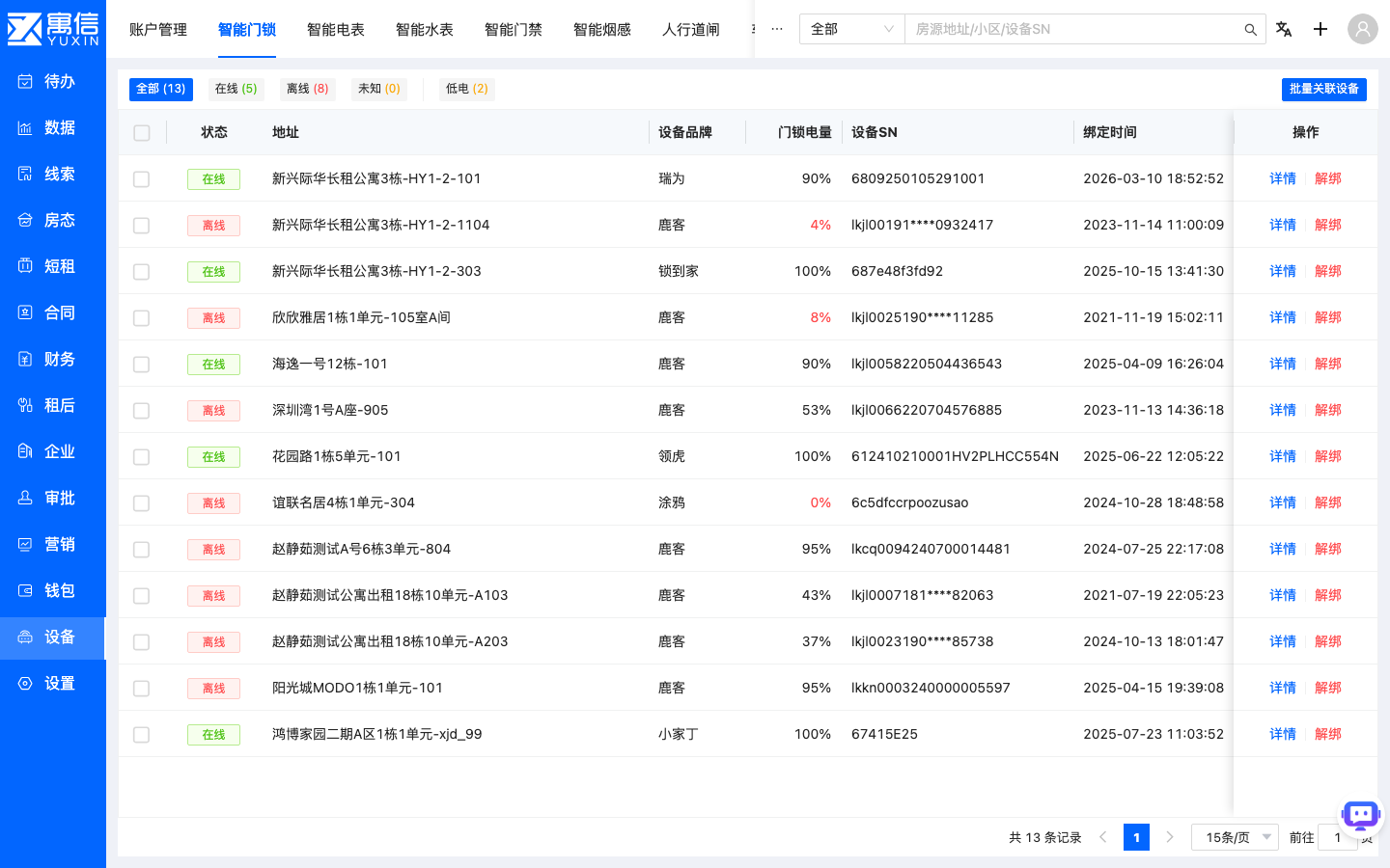 系统界面截图:智能门锁列表